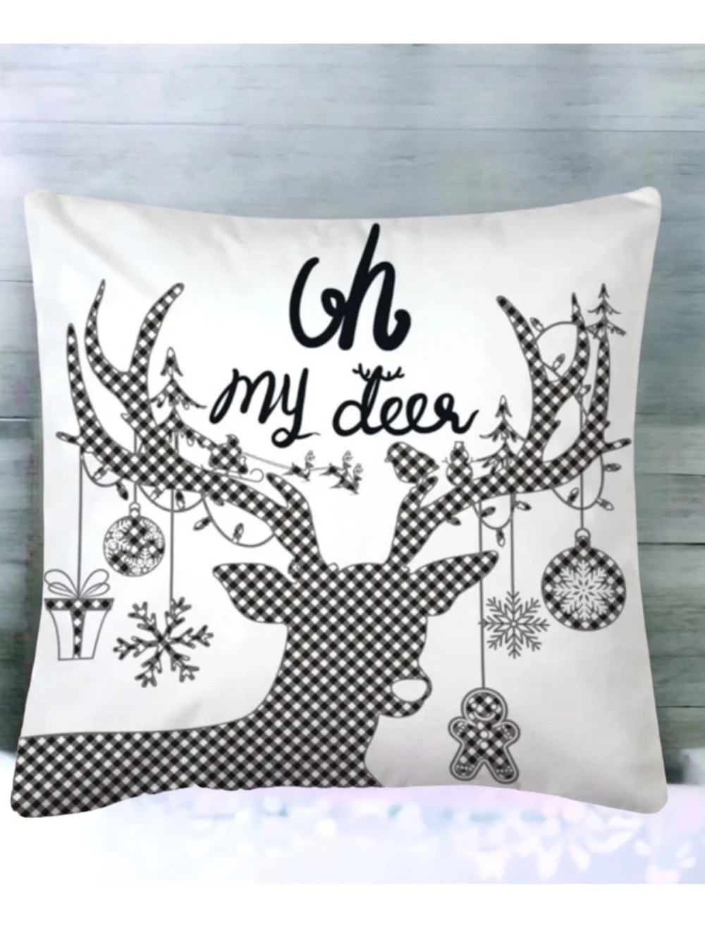 Pillow Cover Deer Christmas Zip Up Farmhouse White Black Plaid Large 17.7 in